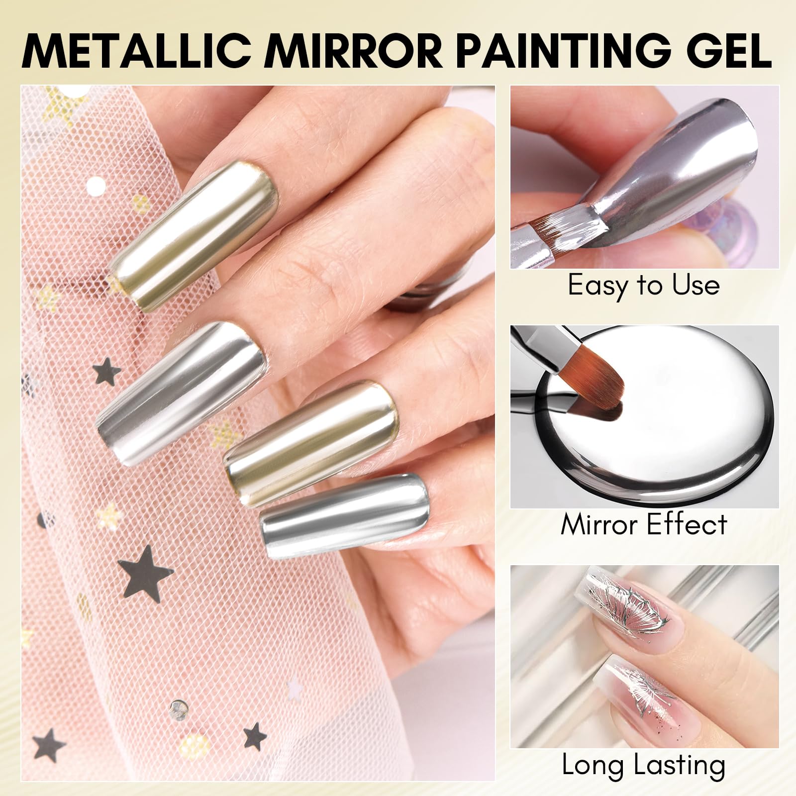 Chrome Metallic Mirror Painting Gel Set, Silver & Gold (8ml/ each)