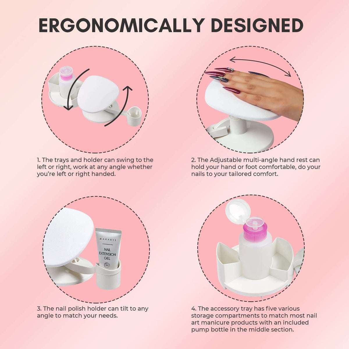 MakarttNail Stand Hand Rest for Nails Manicure
 ✔️Multi-angle Hand, Foot & Nail Tools: Nail polish holder can be easily moved to different directions adjust the nail polish the angle. With the slots inside G