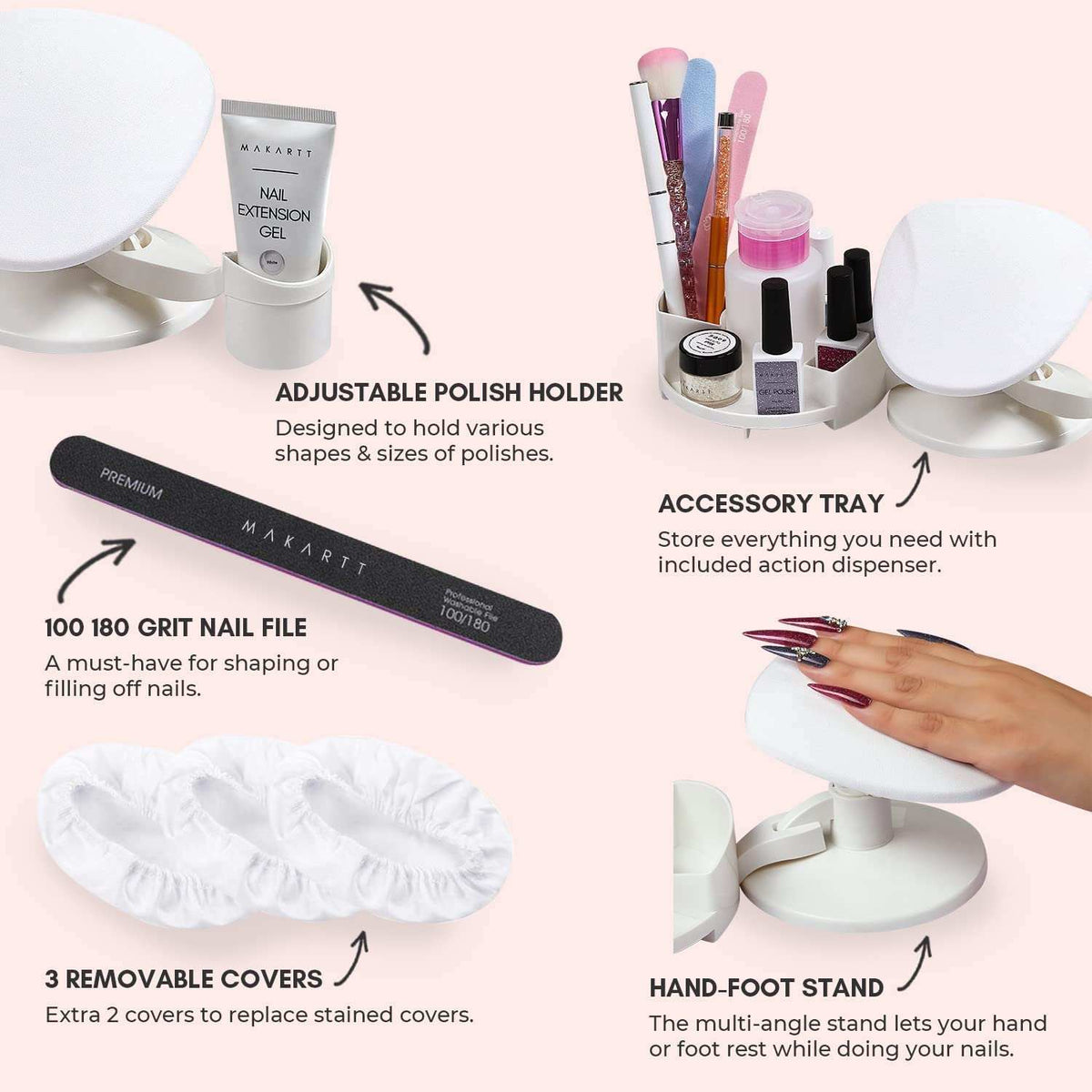 MakarttNail Stand Hand Rest for Nails Manicure
 ✔️Multi-angle Hand, Foot & Nail Tools: Nail polish holder can be easily moved to different directions adjust the nail polish the angle. With the slots inside G