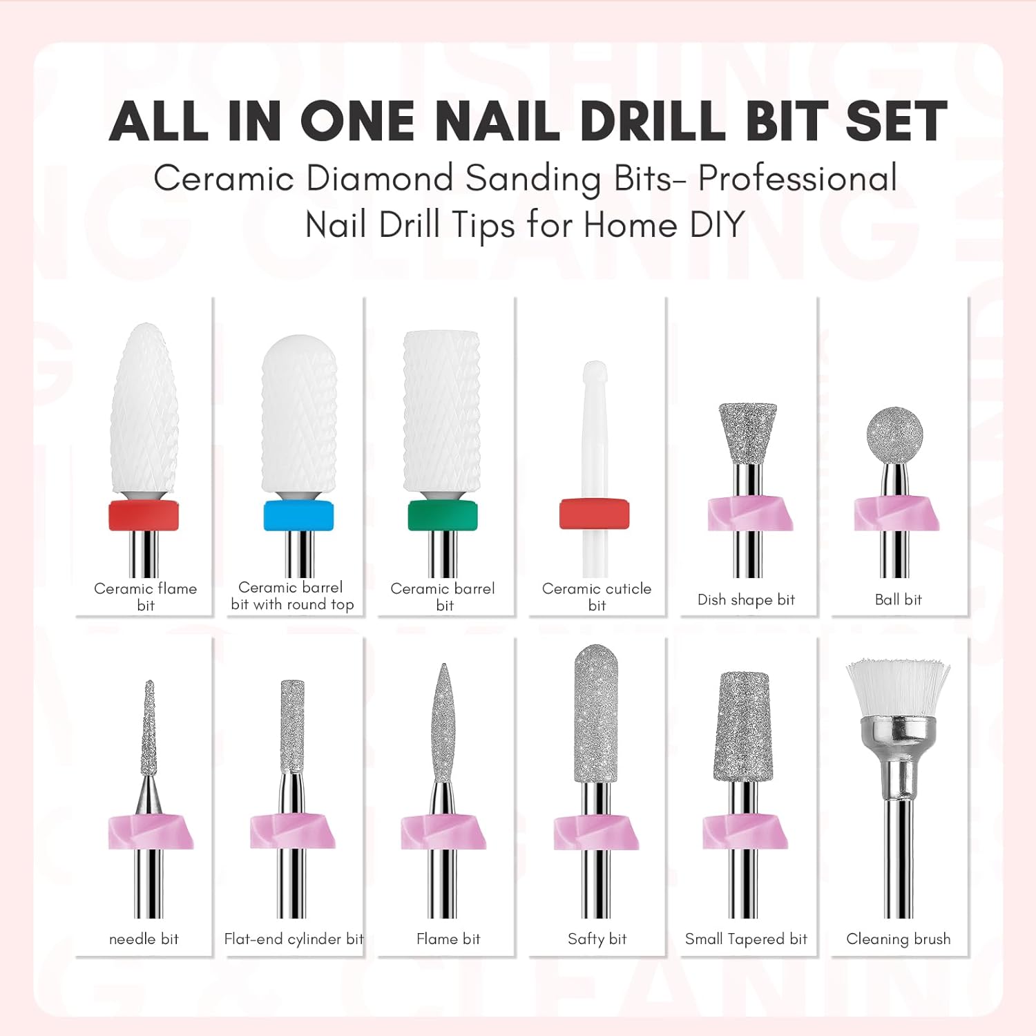 Dimond Ceramic Drill Bit Set 12Pcs for Cuticle Cleaner