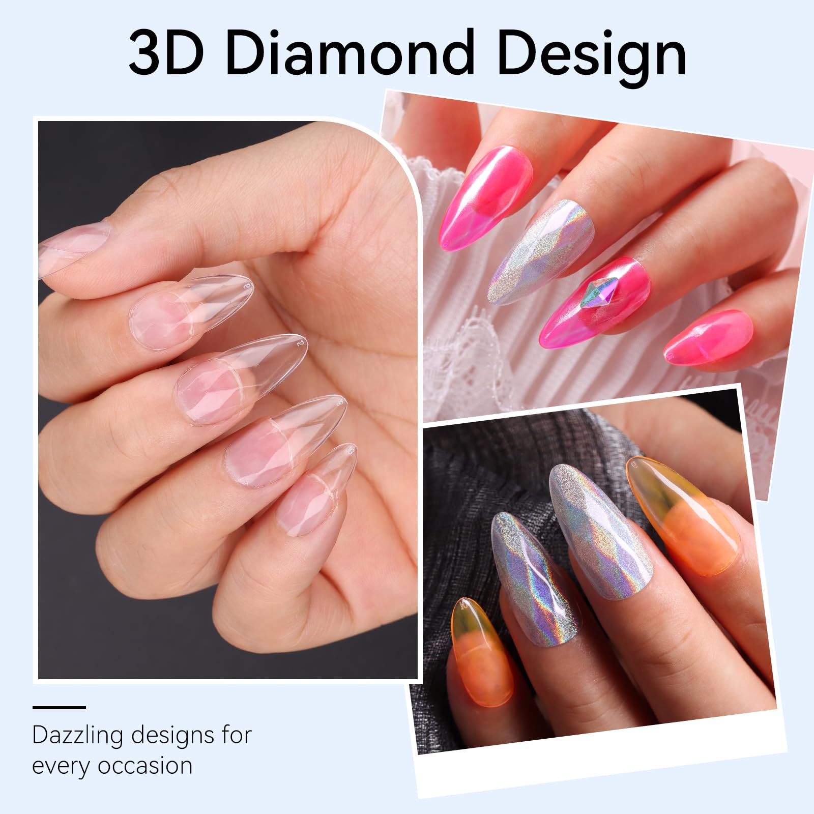 Diamond-Shaped Nail Tips Set, Medium Almond 3D Full Cover Fake Nails Clear 120 PCS