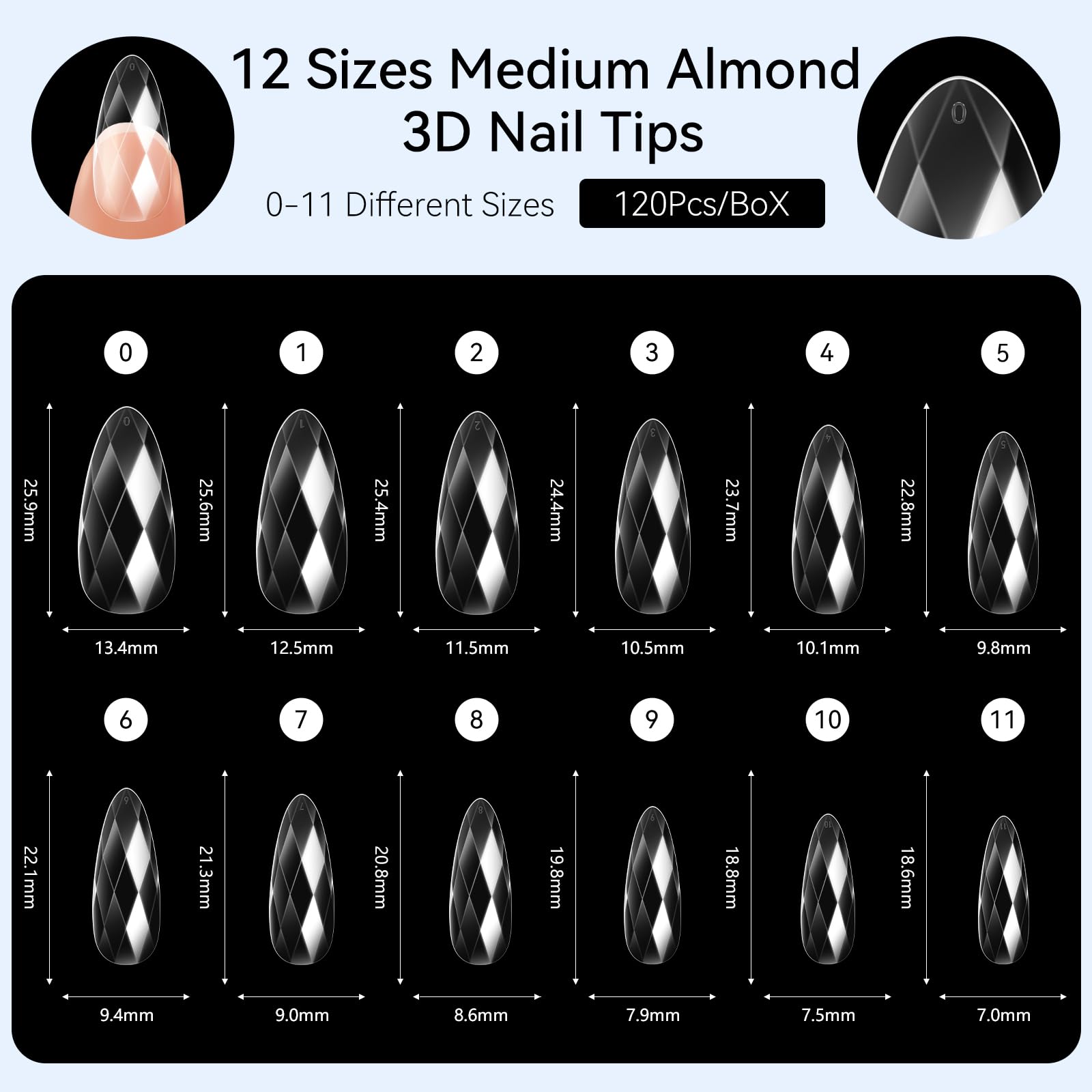 Diamond-Shaped Nail Tips Set, Medium Almond 3D Full Cover Fake Nails Clear 120 PCS