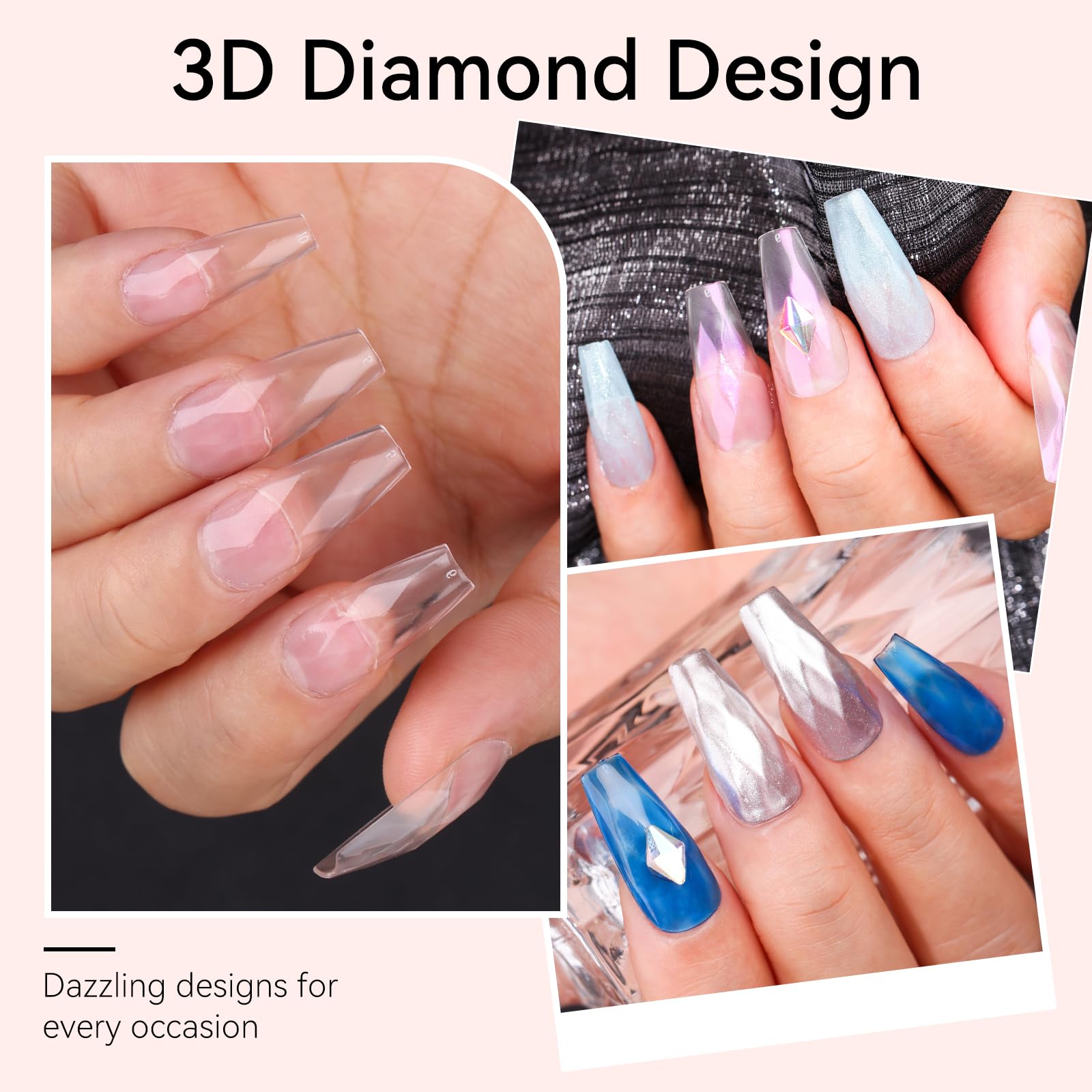 Diamond-Shaped Nail Tips Set, Medium Coffin 3D Full Cover Fake Nails Clear 120 PCS