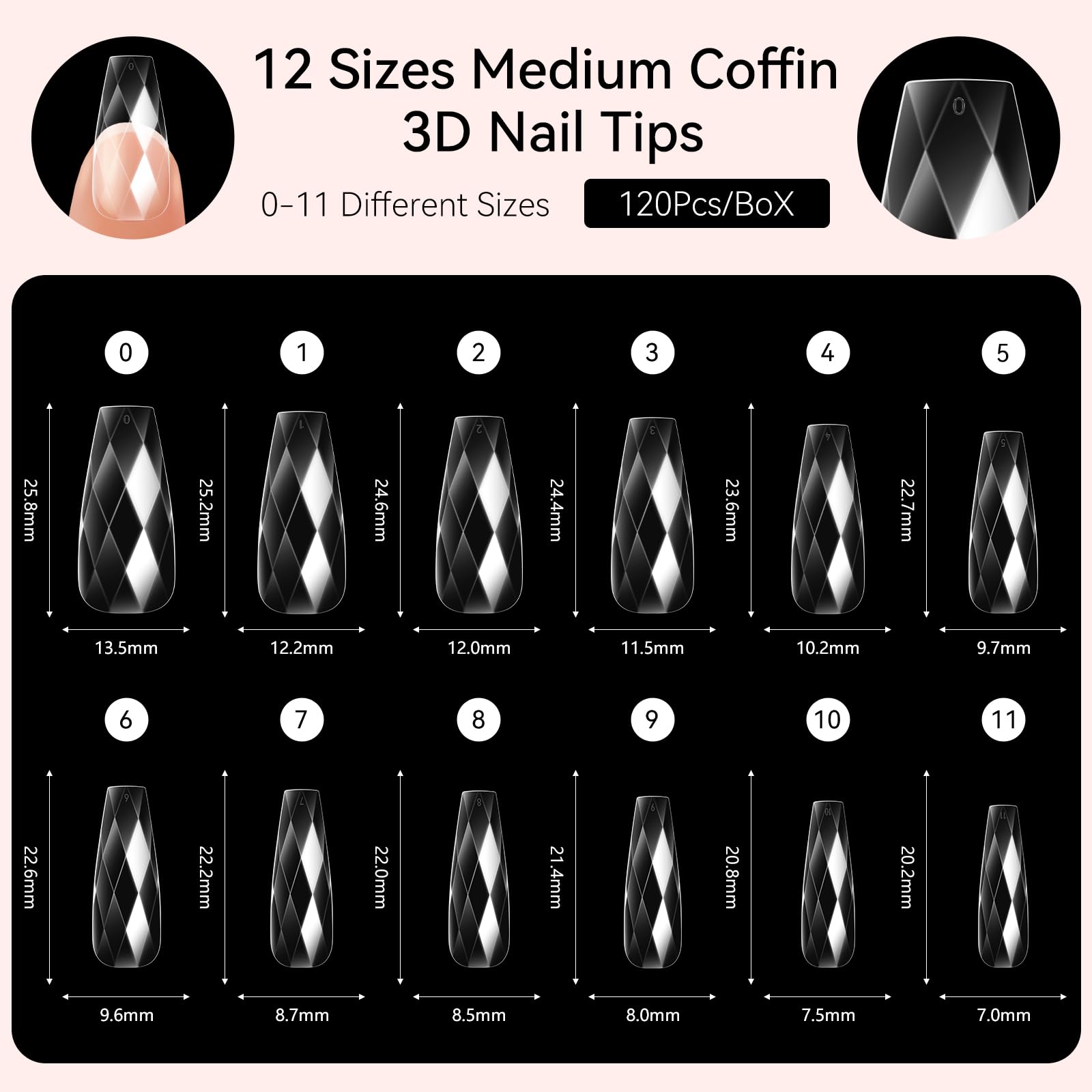 Diamond-Shaped Nail Tips Set, Medium Coffin 3D Full Cover Fake Nails Clear 120 PCS