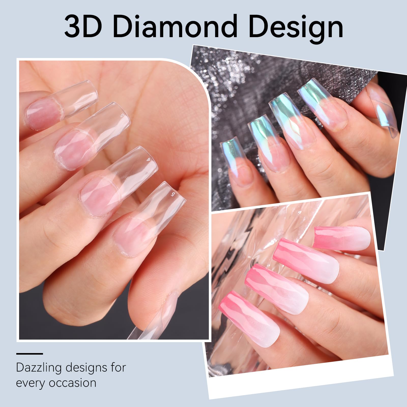 Diamond-Shaped Nail Tips Set, Medium Square 3D Full Cover Fake Nails Clear 120 PCS