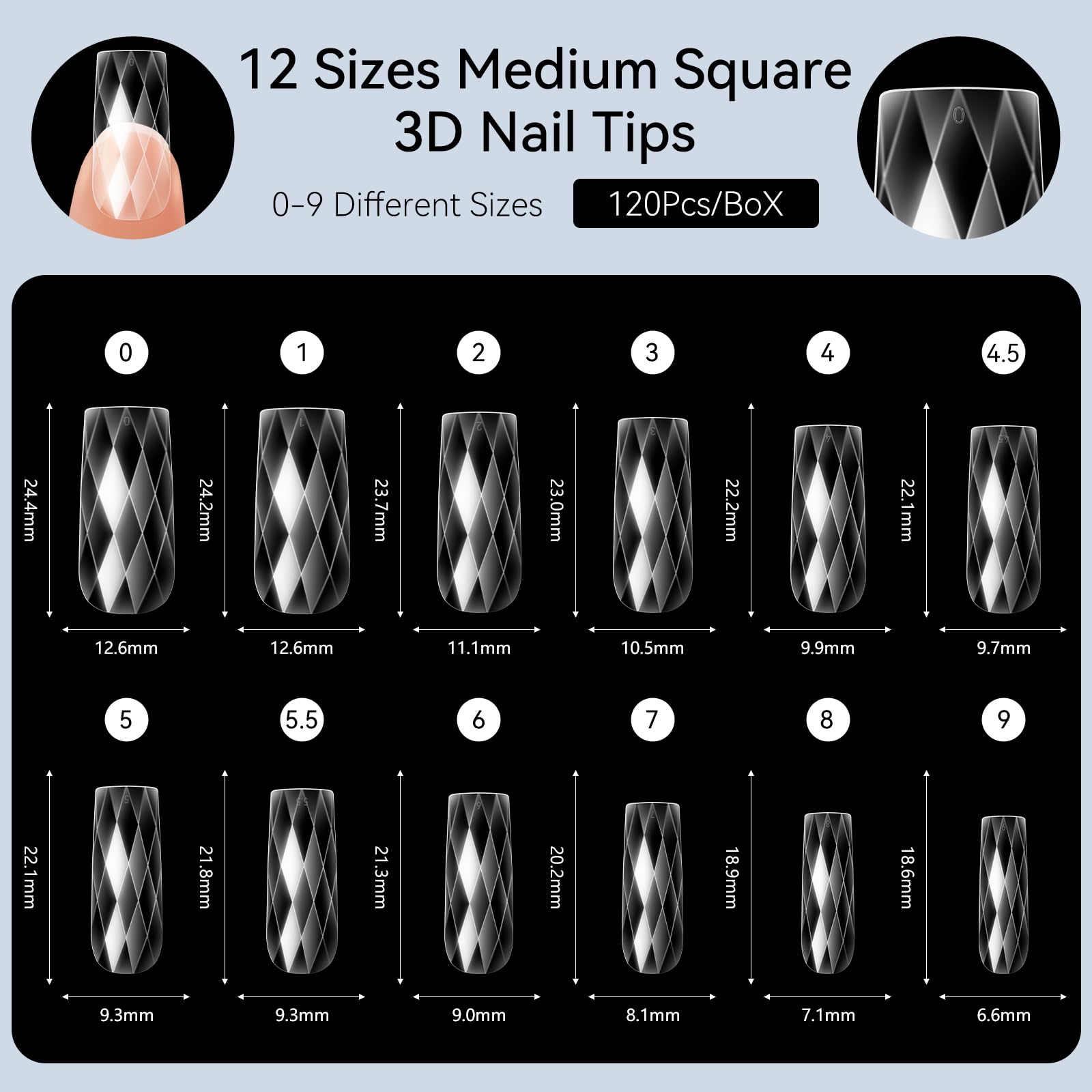 Diamond-Shaped Nail Tips Set, Medium Square 3D Full Cover Fake Nails Clear 120 PCS