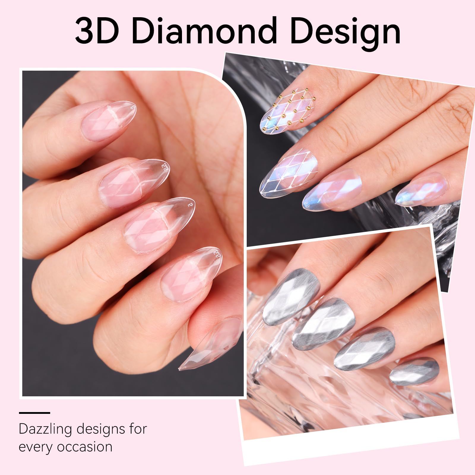 Diamond-Shaped Nail Tips Set, Short Almond 3D Full Cover Fake Nails Clear 120 PCS