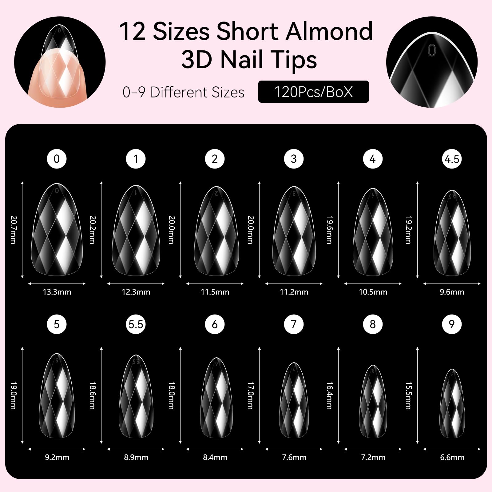 Diamond-Shaped Nail Tips Set, Short Almond 3D Full Cover Fake Nails Clear 120 PCS