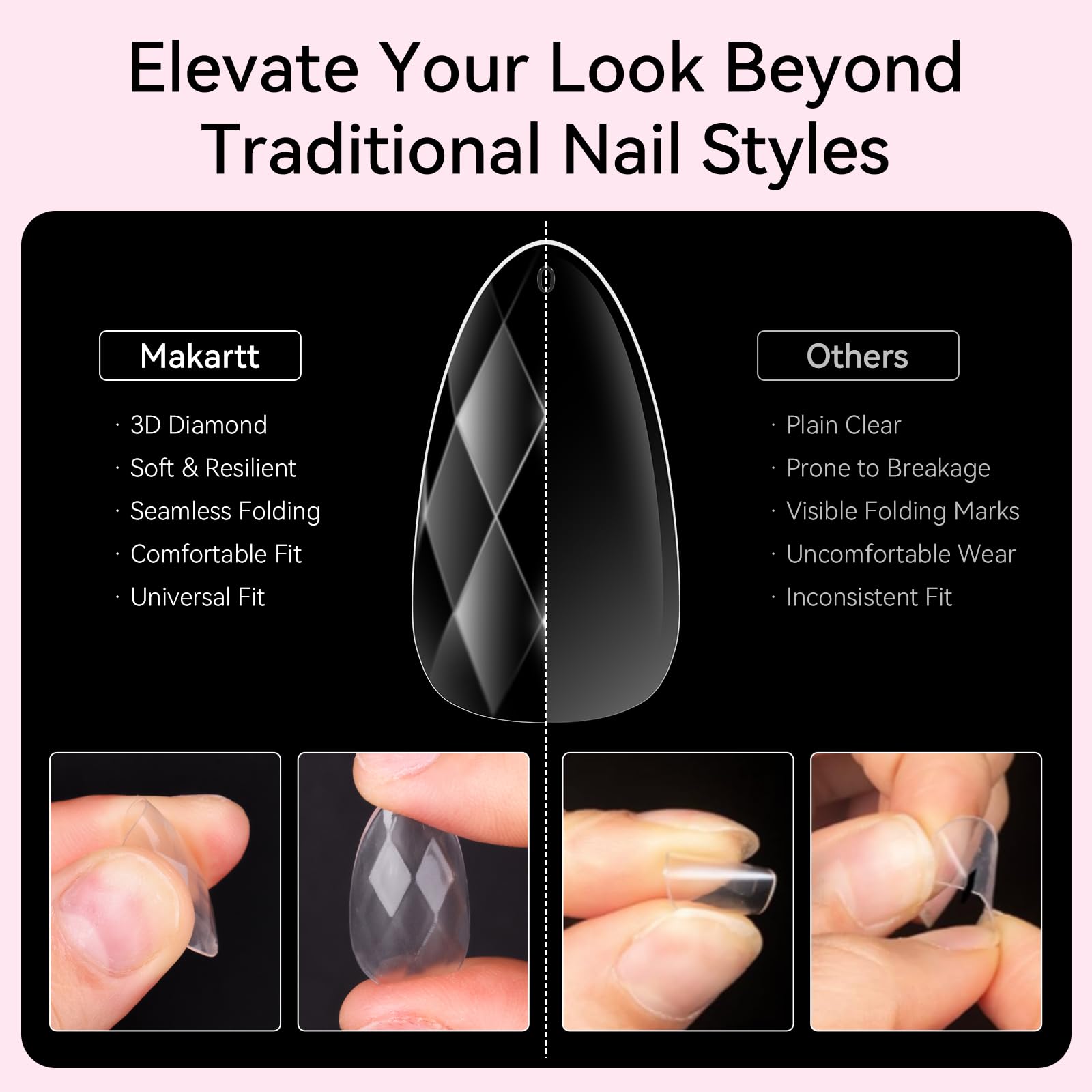 Short Almond 3D Full Cover Fake Nails Diamond-Shaped Nail Tips Set