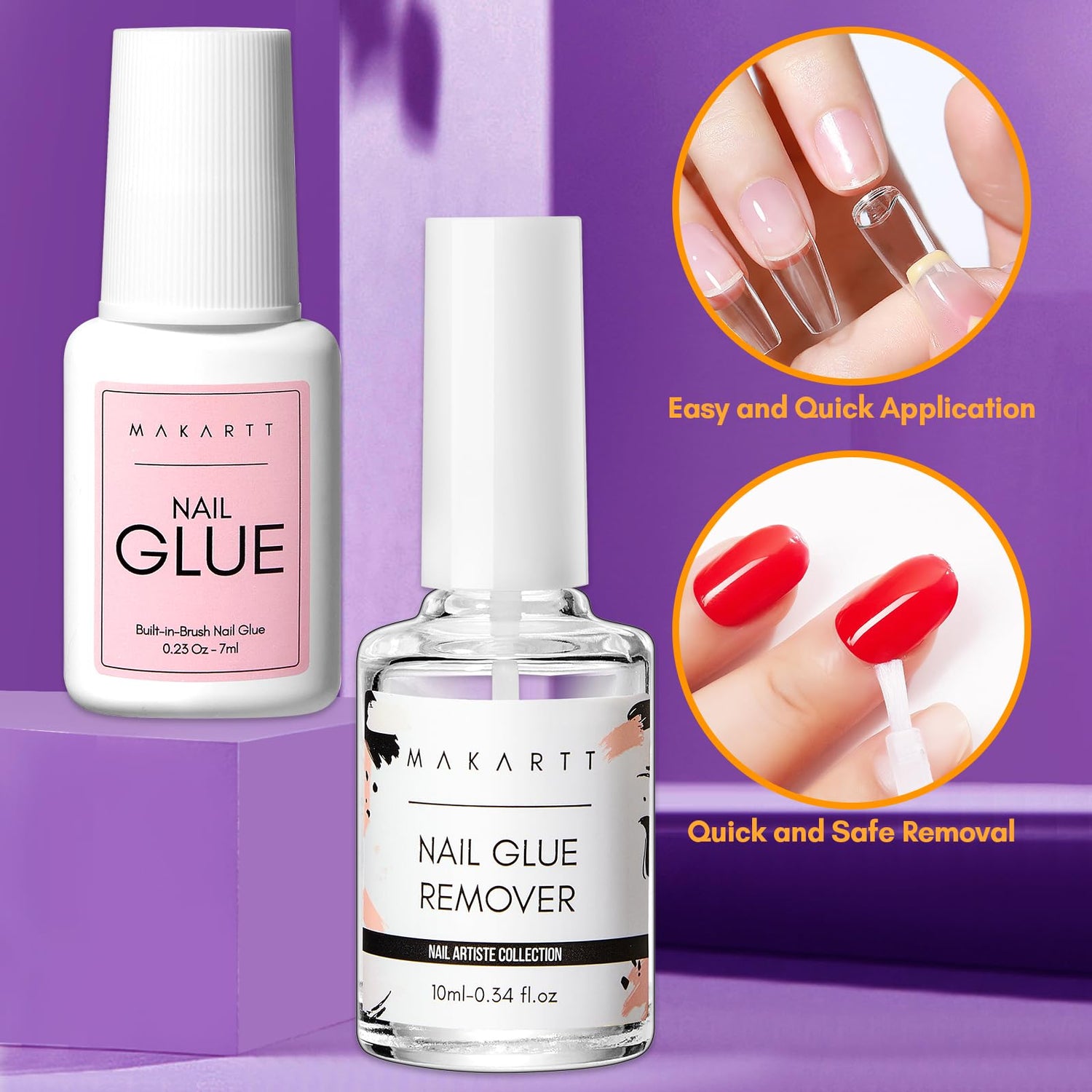Makartt Nail Art Supplies Kit - Brush On Glue 7ML, Remover 10ML, Cuticle Oil 5ML, 5 Wooden Sticks, All In One for Glue On Nails