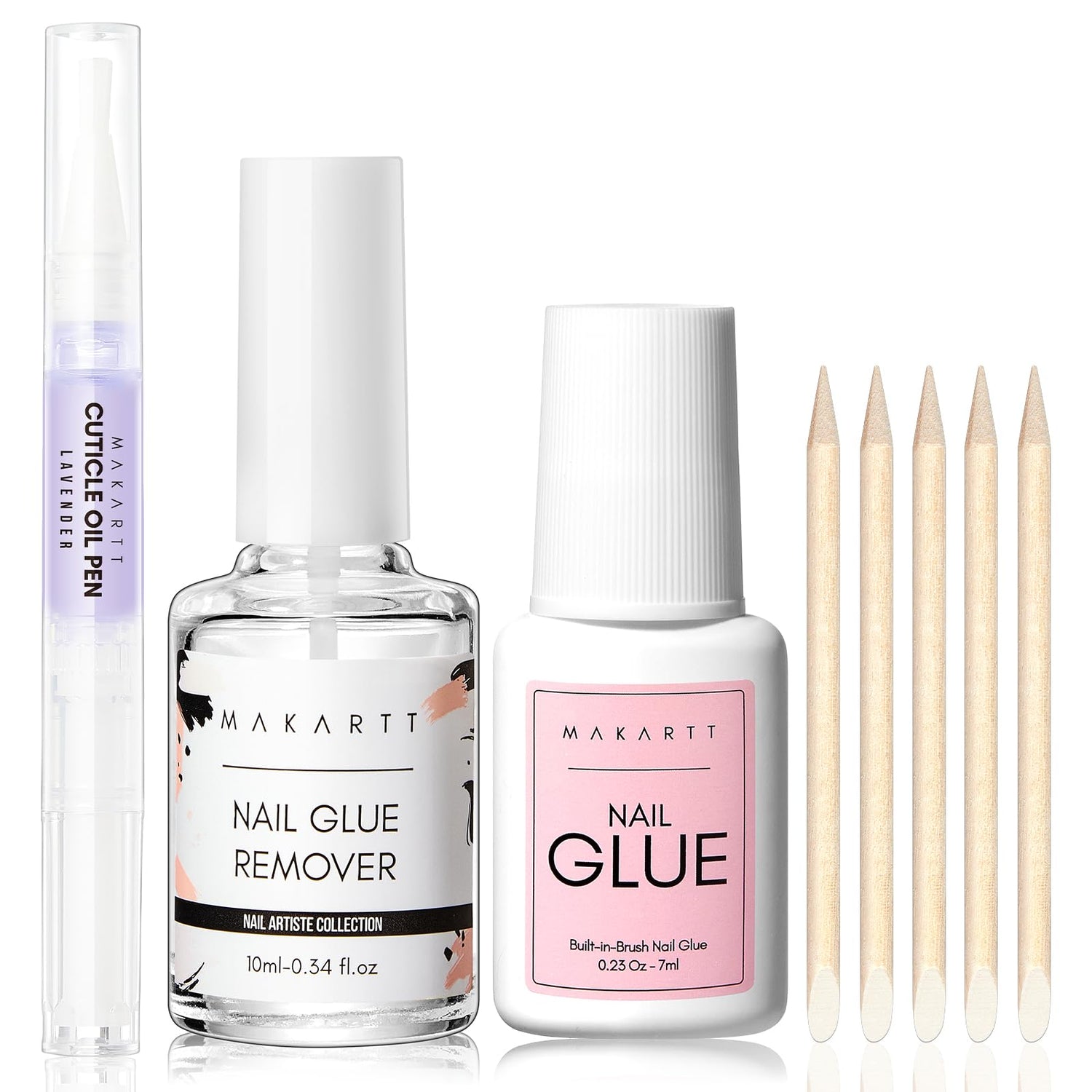 Makartt Nail Art Supplies Kit - Brush On Glue 7ML, Remover 10ML, Cuticle Oil 5ML, 5 Wooden Sticks, All In One for Glue On Nails