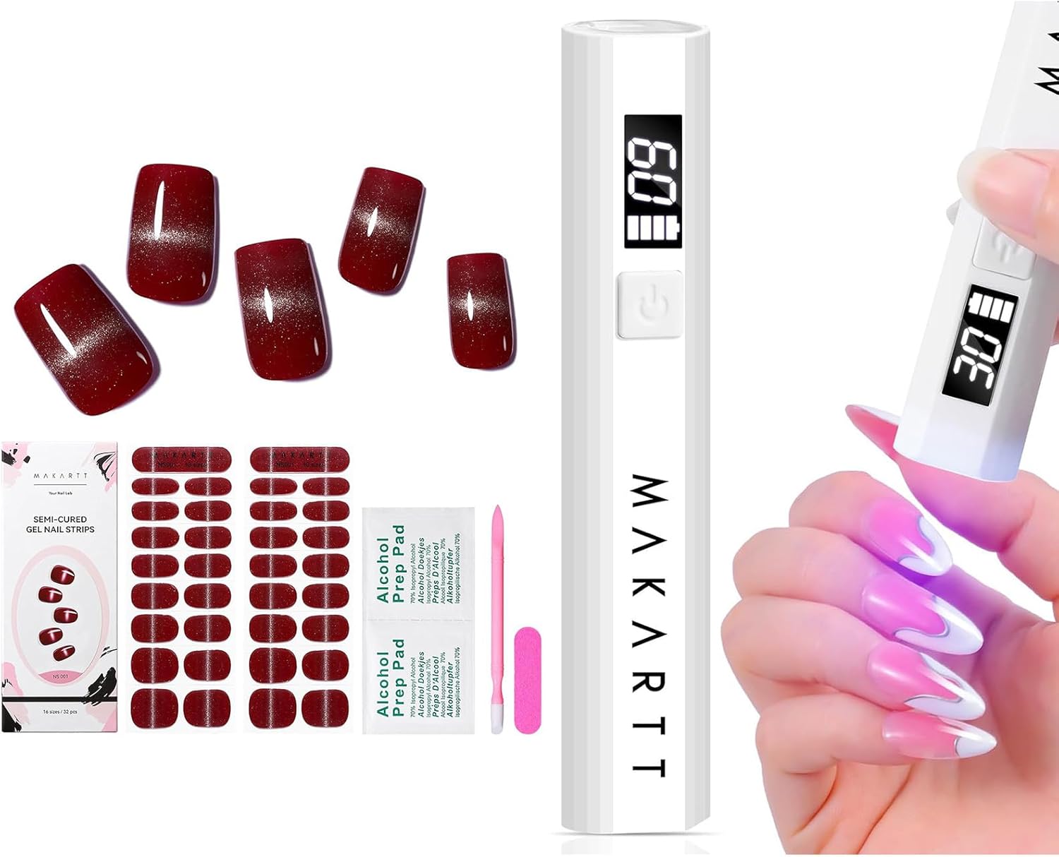 Red Cat Eye Semi-Cured Gel Nail Strips Kit + Handheld UV Nail Lamp