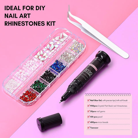 Nail Rhinestones Set - AB Crystal Glass Gems with Nail Rhinestone Glue and  Nail Brush