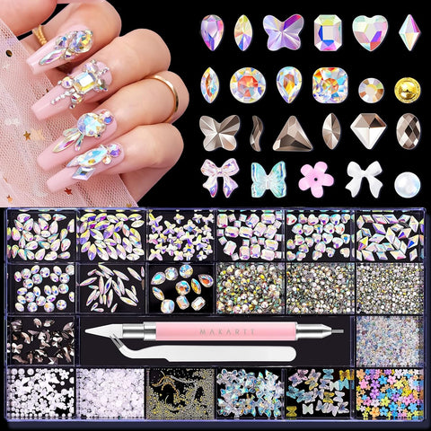 Nail Art Rhinestones Kit AB Crystal Nail Charms Butterfly Bow 3D Dual-End  Picker Pen and Tweezer – Makartt