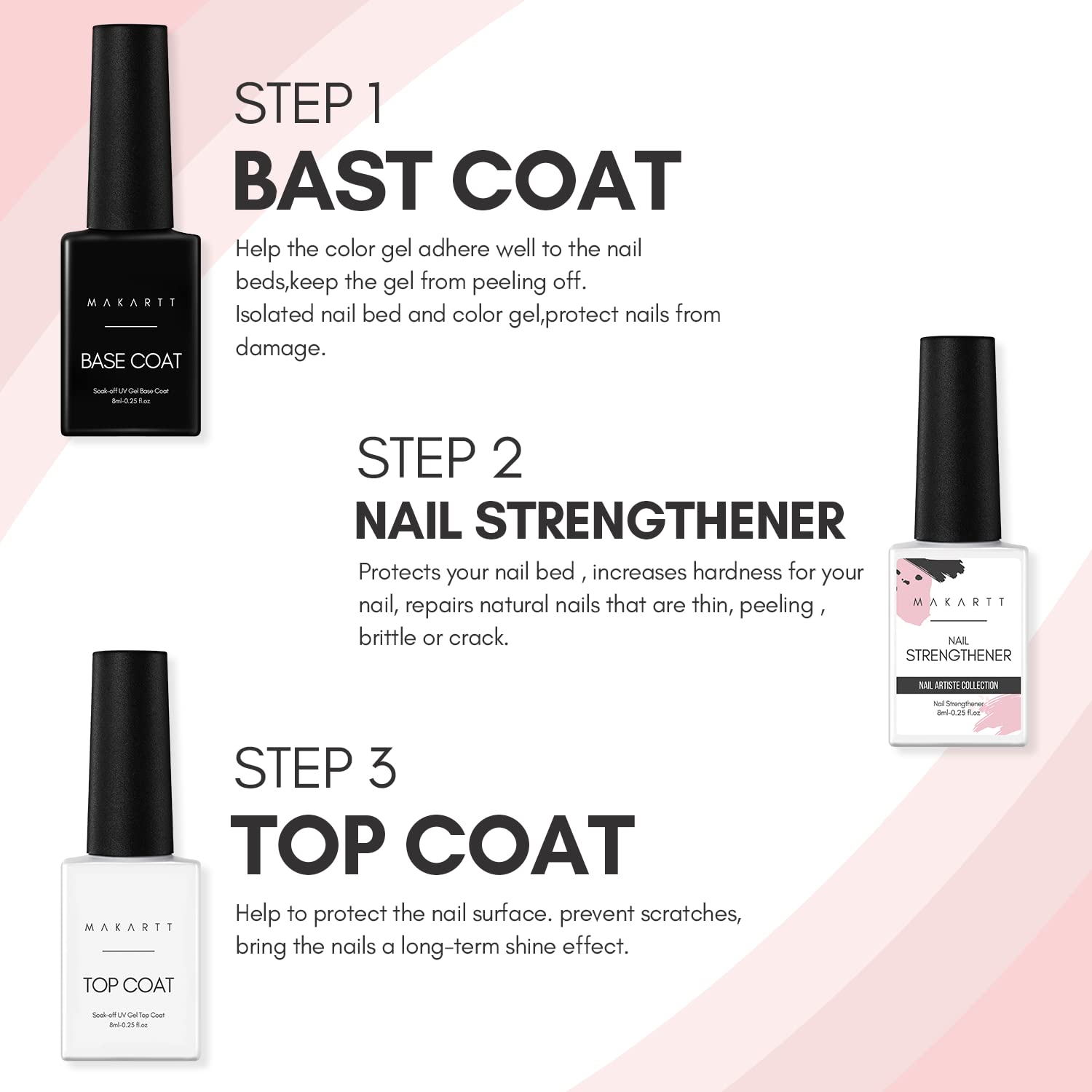Nail Strengthener, Base and Top Coat Set, 8ML/each