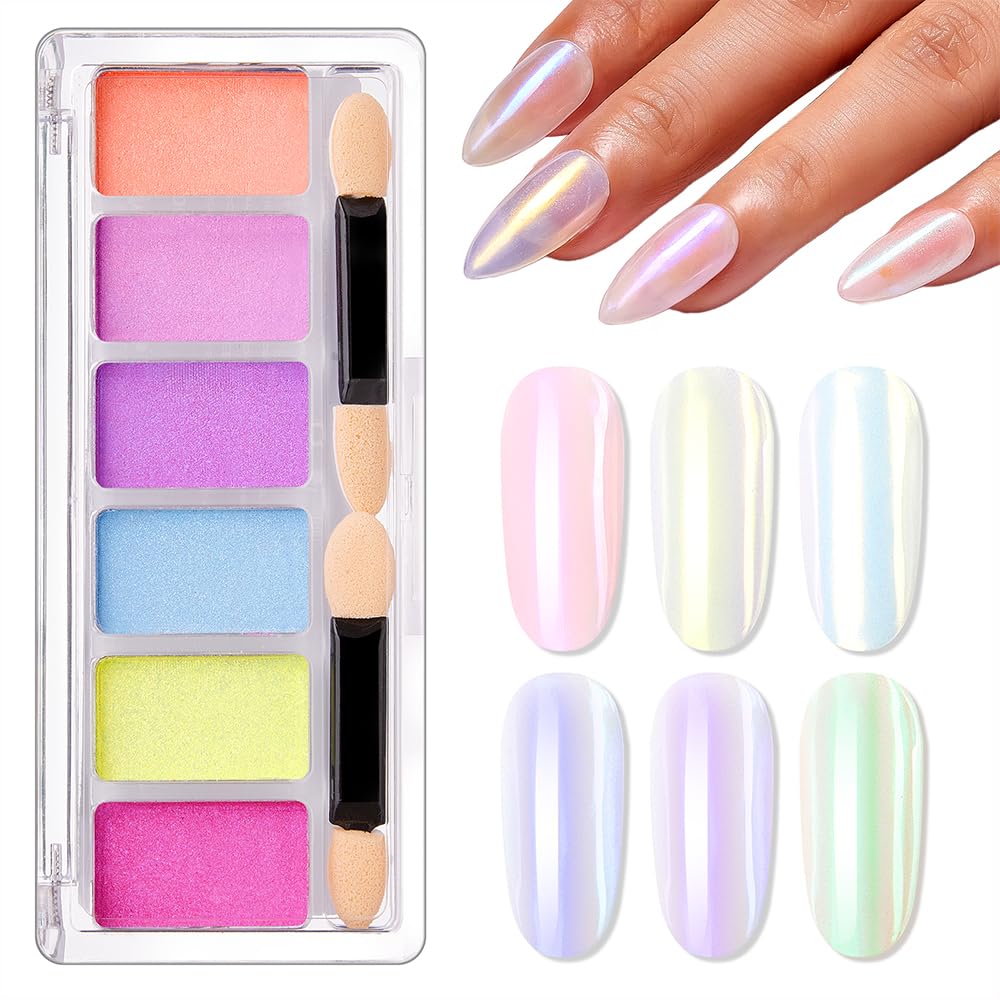 Chrome Nail Powder Plate, 6 Colors Iridescent Effect