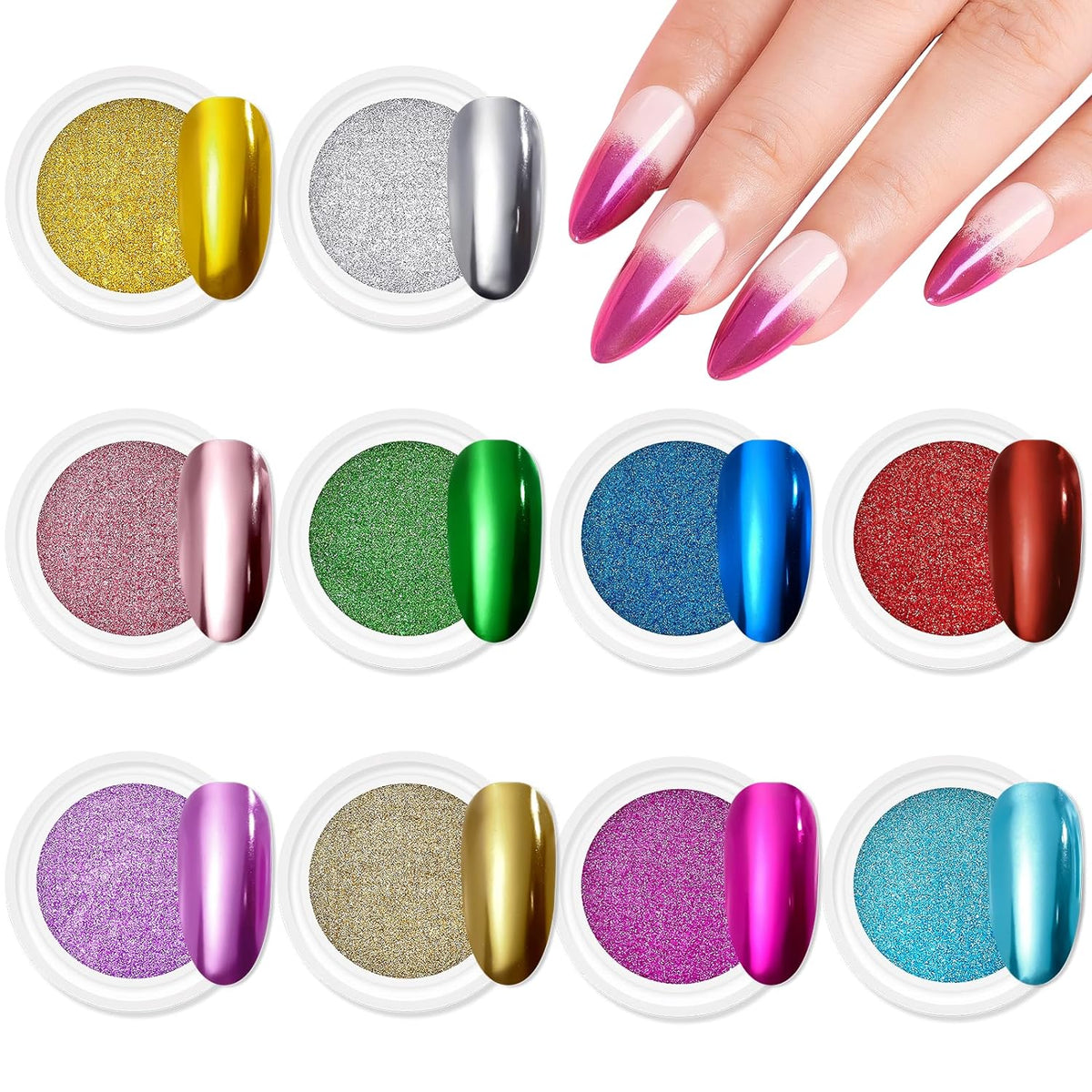 Chrome Nail Powder Kit, 10 Colors Metallic Mirror Effect