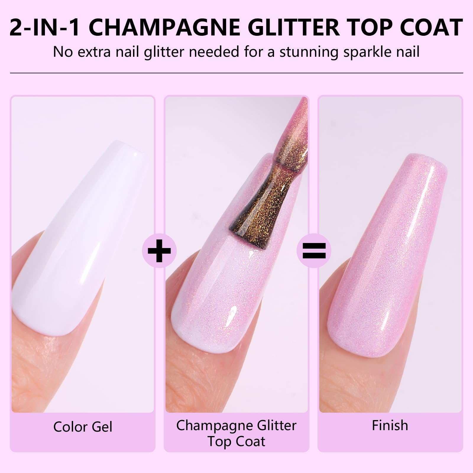 No Wipe Champagne Glitter Top Coat Nail Polish, Mermaid Shiny Finish Effect