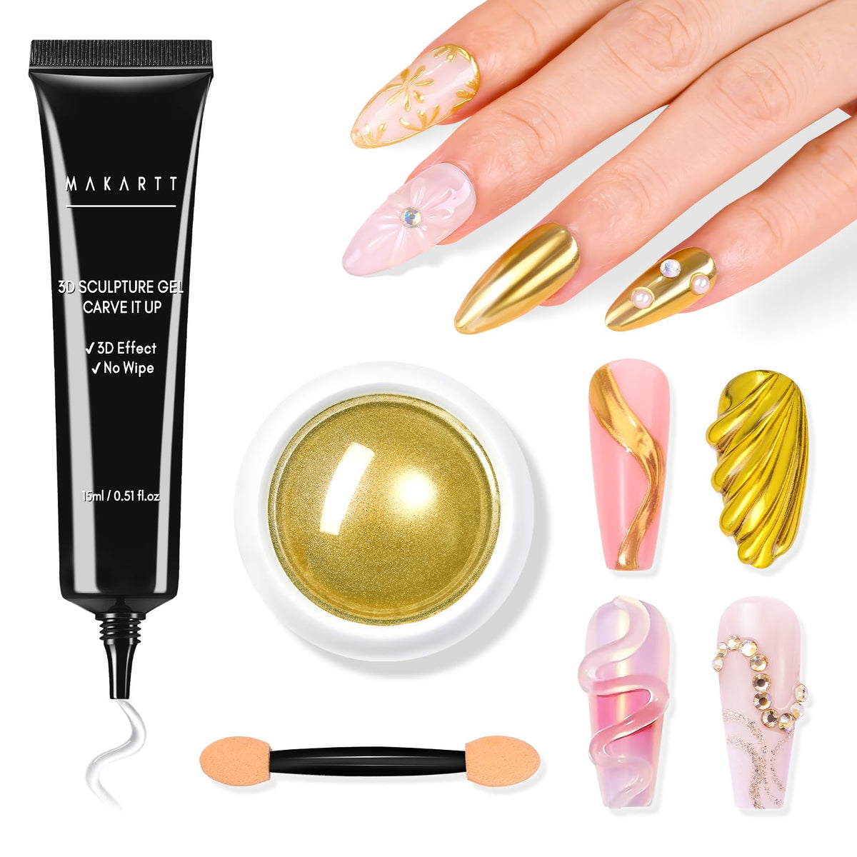 3D Nail Gel with Gold Chrome Nail Powder Kit Clear Molding Gel for Nail Art 15g Sculpting Glue Polish