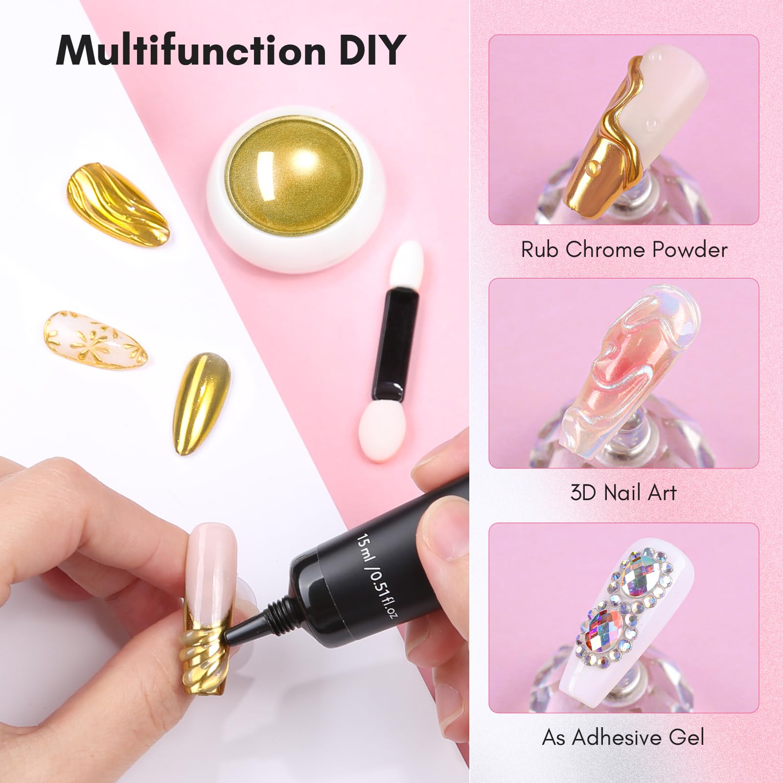 3D Nail Gel with Gold Chrome Nail Powder Kit Clear Molding Gel for Nail Art 15g Sculpting Glue Polish