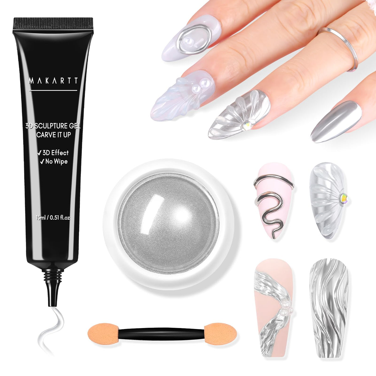 3D Nail Gel with Metal Chrome Nail Powder Kit Clear Molding Gel for Nail Art 15g Sculpting Glue Polish