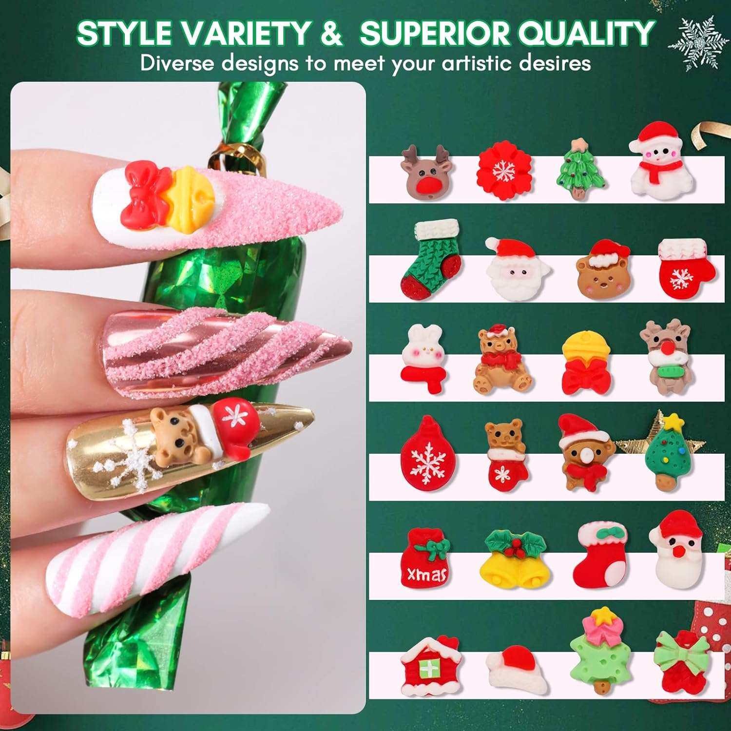 Christmas Decorations Gift Set 48pcs 3D Nail Charms Art Gems Cartoon Santa Claus 3D Nail Accessories