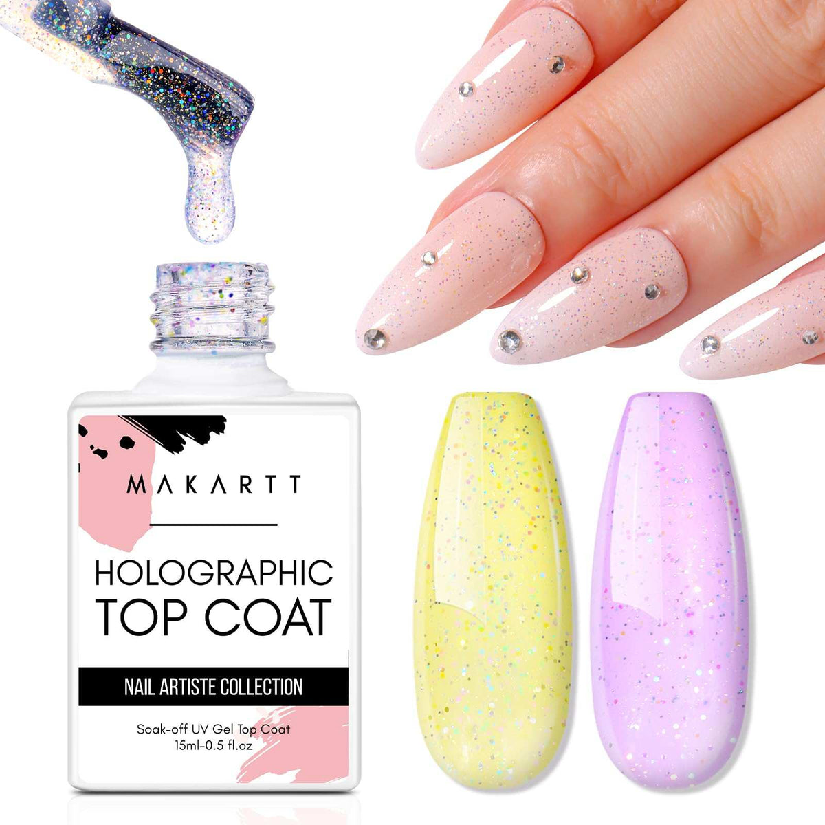 No Wipe Glitter Top Coat Nail Polish, High Gloss Soak Off Holographic Gel