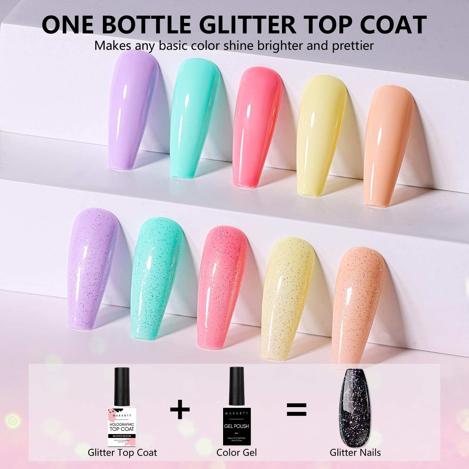 No Wipe Glitter Top Coat Nail Polish, High Gloss Soak Off Holographic Gel