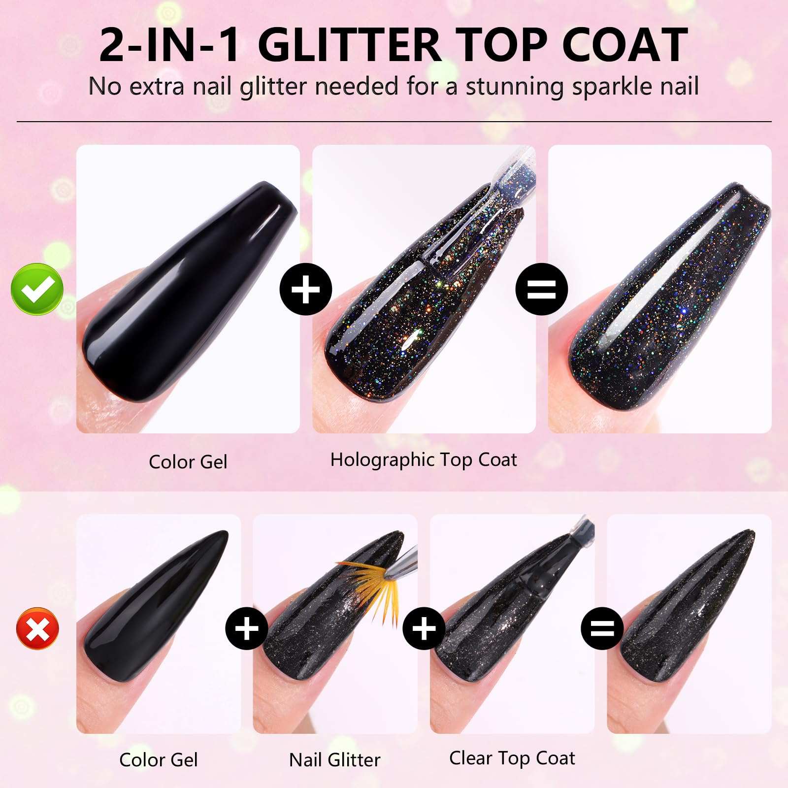 No Wipe Glitter Top Coat Nail Polish, High Gloss Soak Off Holographic Gel