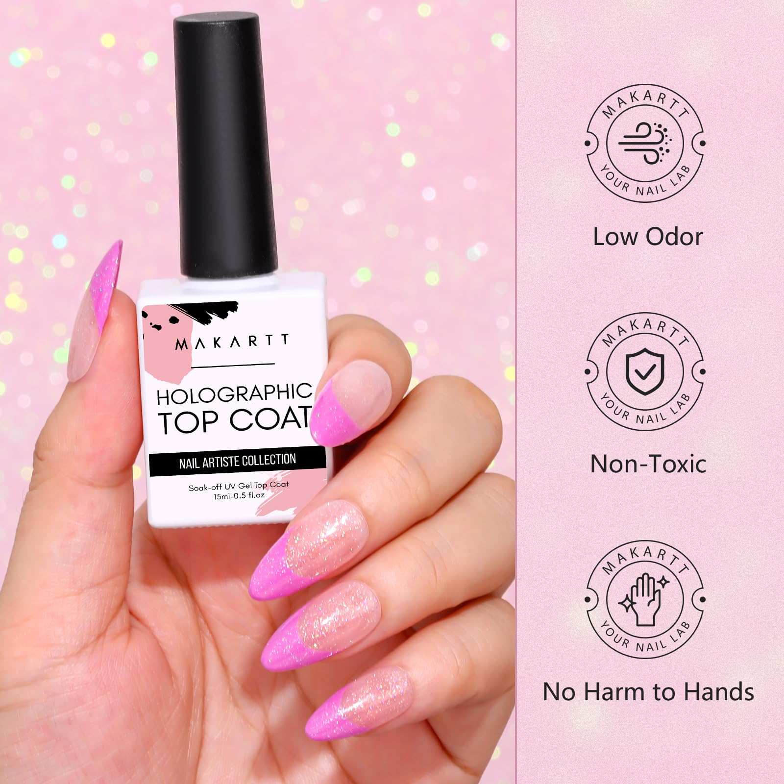 No Wipe Glitter Top Coat Nail Polish, High Gloss Soak Off Holographic Gel