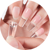 Hand with pink nail polish and clear nail tips on a white background