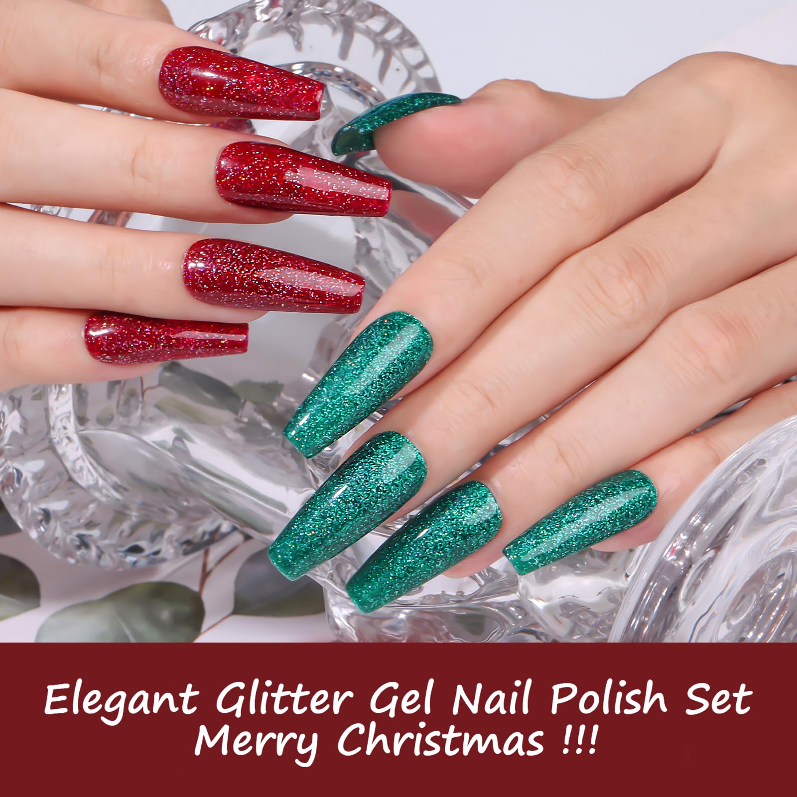 Christmas Sparkly Shimmer Gel Polish Set Shiny Iridescent Soak Off UV Gel, 2 Pcs 15ML Each