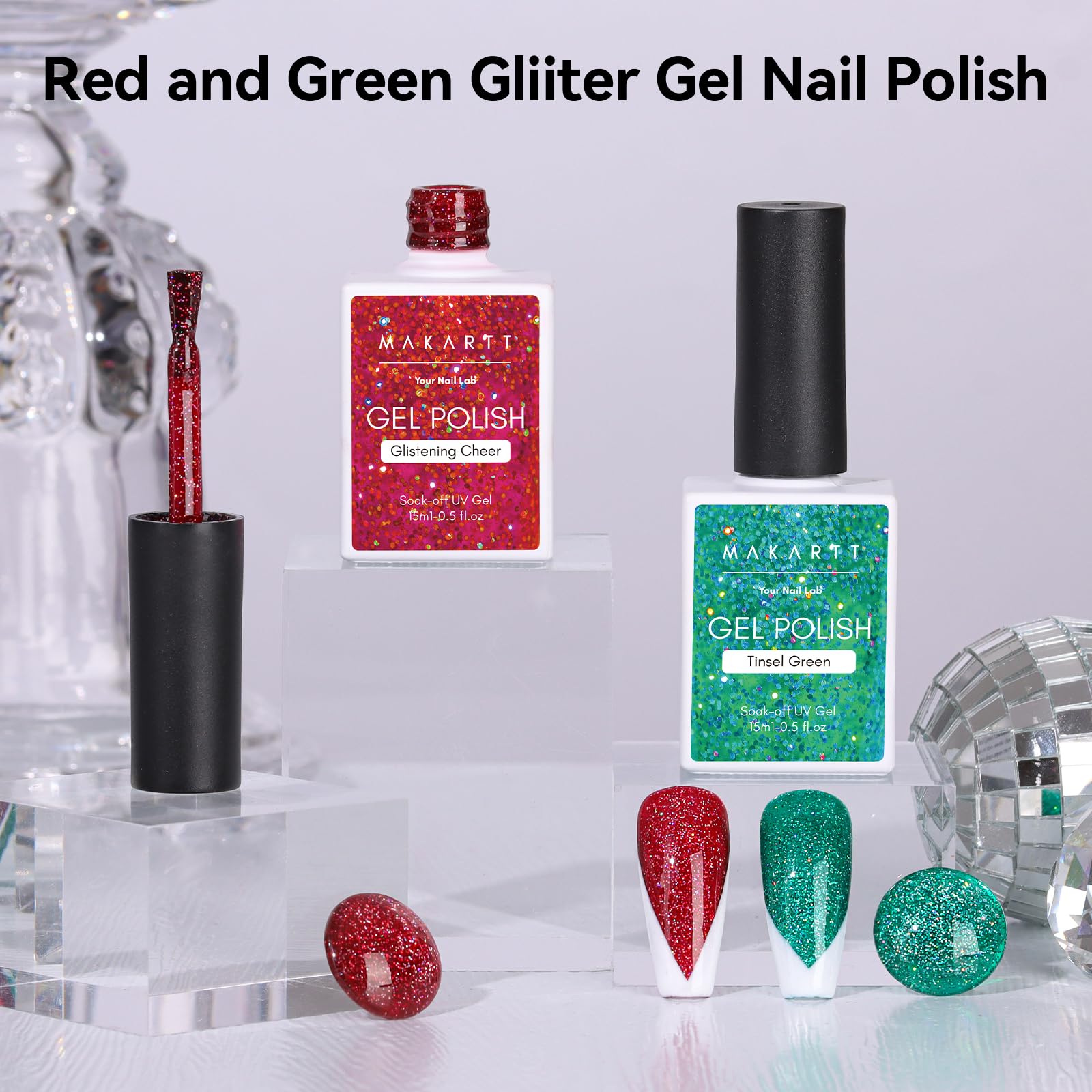 Christmas Sparkly Shimmer Gel Polish Set Shiny Iridescent Soak Off UV Gel, 2 Pcs 15ML Each