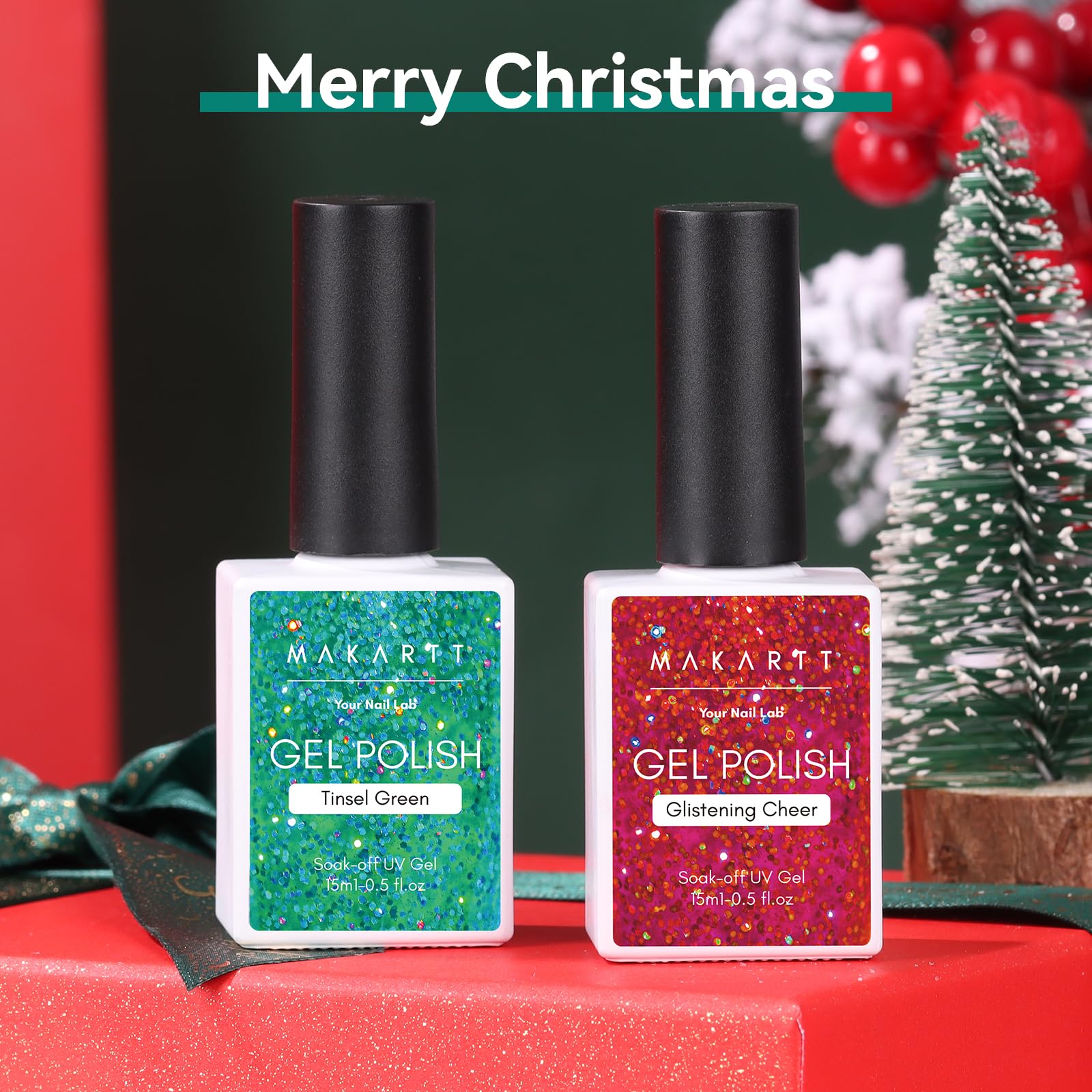 Christmas Sparkly Shimmer Gel Polish Set Shiny Iridescent Soak Off UV Gel, 2 Pcs 15ML Each