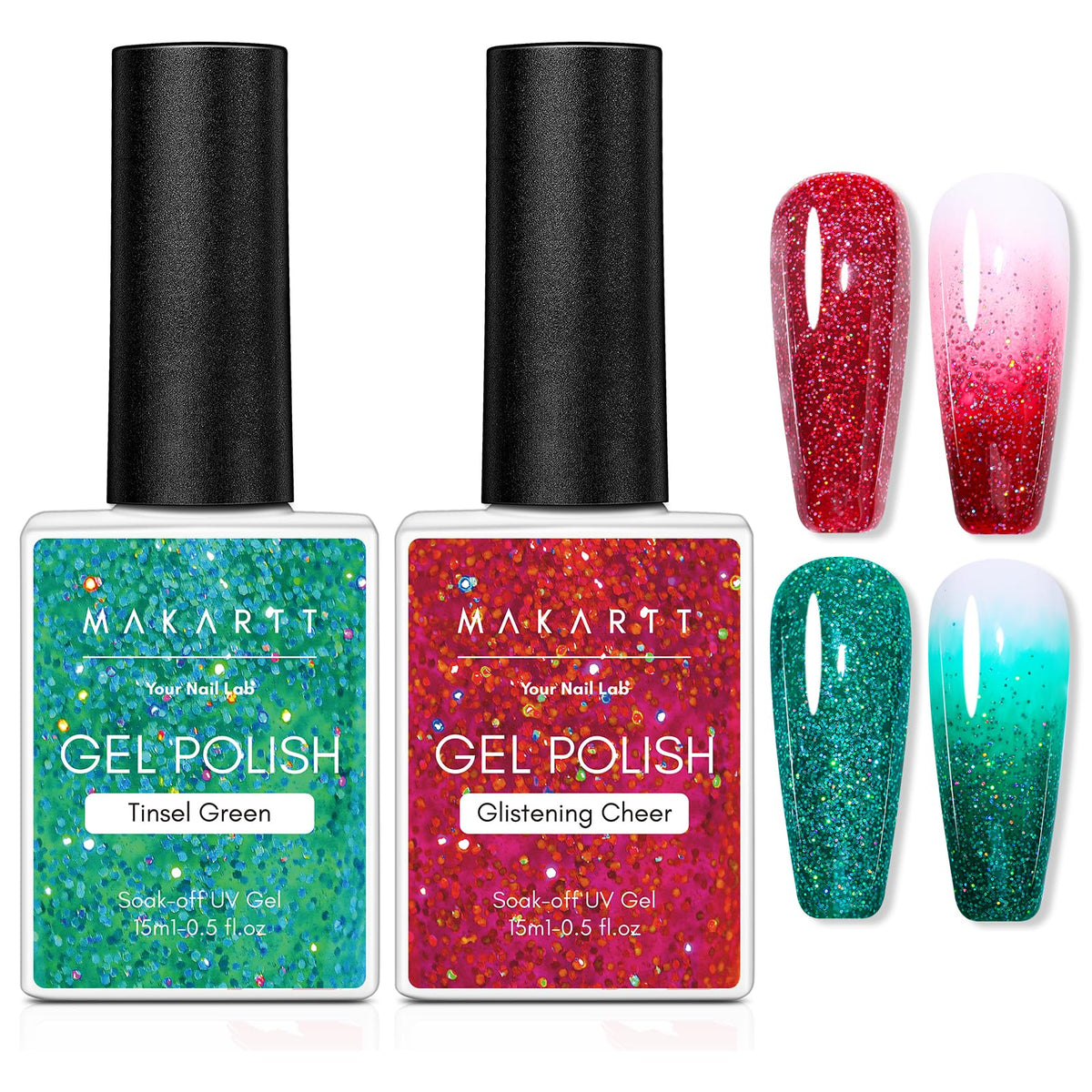 Christmas Sparkly Shimmer Gel Polish Set Shiny Iridescent Soak Off UV Gel, 2 Pcs 15ML Each