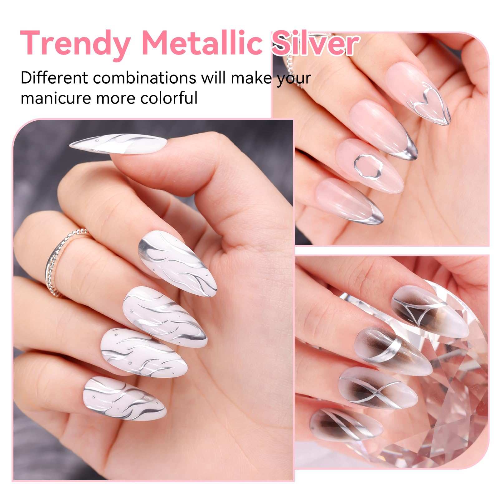 Makartt 8ml Metallic Silver Gel Liner Nail Polish, 3D Mirror Chrome Effect Gel with Built in Thin Brush, Soak Off UV/LED Gel for DIY Manicure, Home, and Salon Nail Art Designs