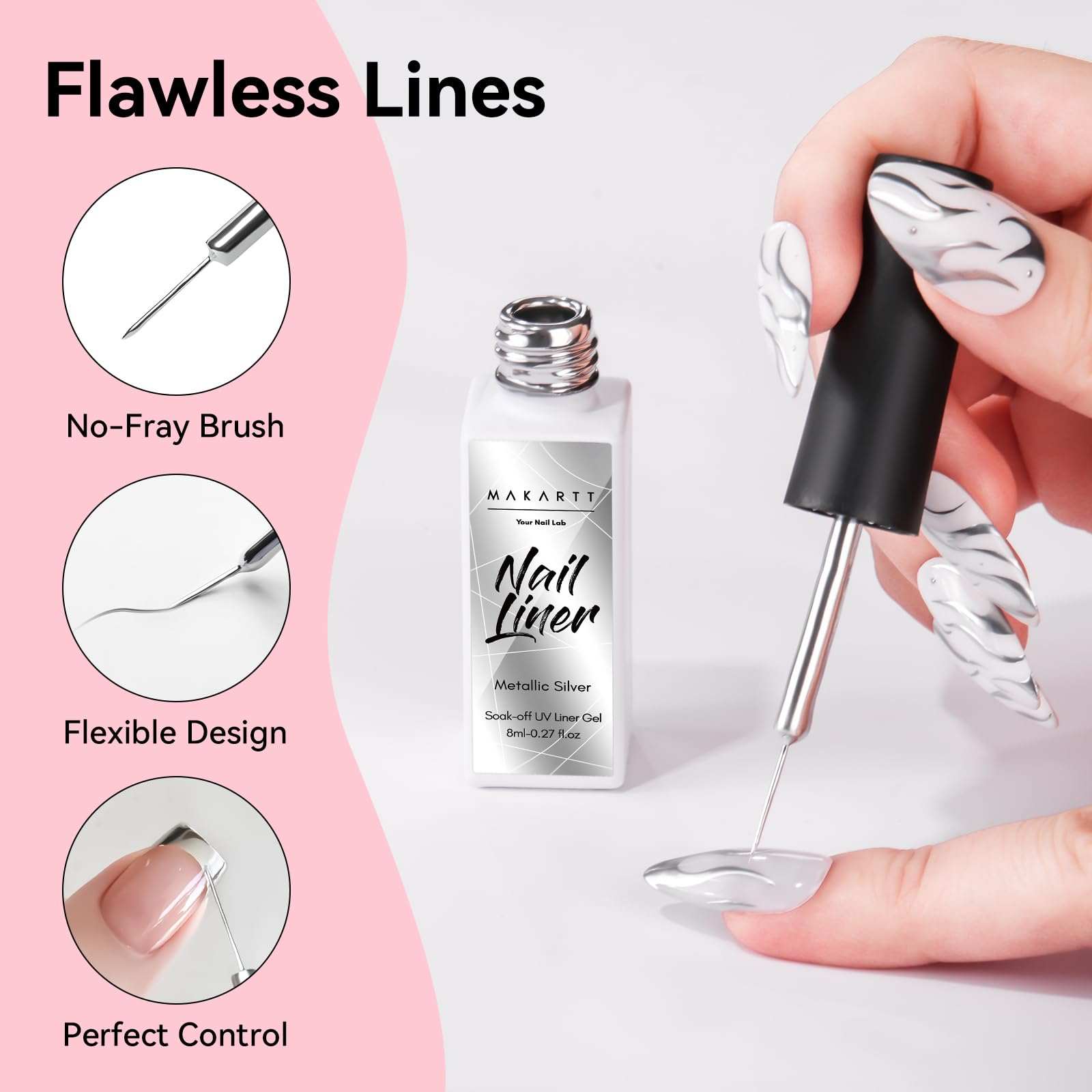 Makartt 8ml Metallic Silver Gel Liner Nail Polish, 3D Mirror Chrome Effect Gel with Built in Thin Brush, Soak Off UV/LED Gel for DIY Manicure, Home, and Salon Nail Art Designs