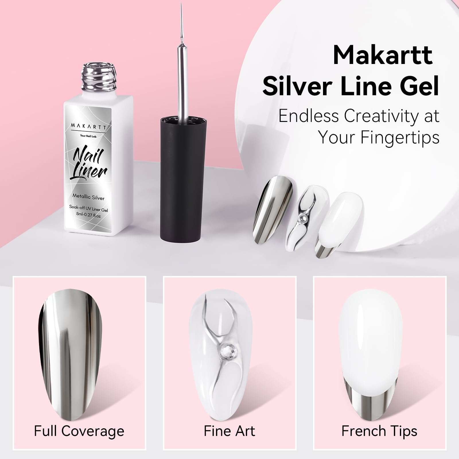 Makartt 8ml Metallic Silver Gel Liner Nail Polish, 3D Mirror Chrome Effect Gel with Built in Thin Brush, Soak Off UV/LED Gel for DIY Manicure, Home, and Salon Nail Art Designs