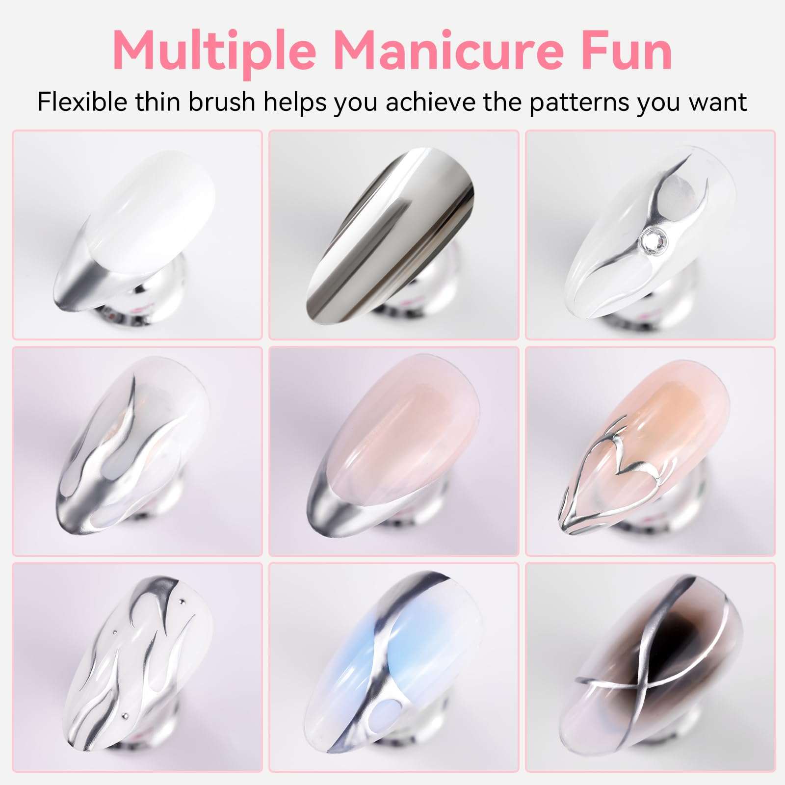 Makartt 8ml Metallic Silver Gel Liner Nail Polish, 3D Mirror Chrome Effect Gel with Built in Thin Brush, Soak Off UV/LED Gel for DIY Manicure, Home, and Salon Nail Art Designs