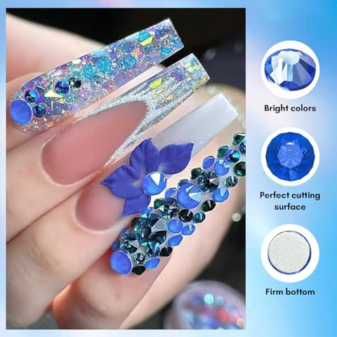 Blue Crystal Nail Art Rhinestones Kit Luxury Nail Charms Shiny Flatback  Gems Beads DIY Decorations Accessories